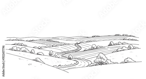 Winding Road Through Rolling Hills Sketch