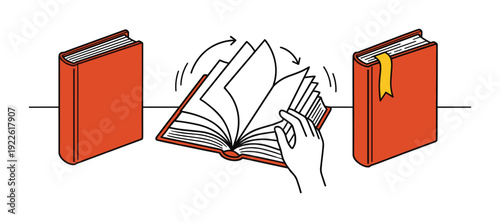 Open book illustration, pages turning, orange cover, reading progress, knowledge concept