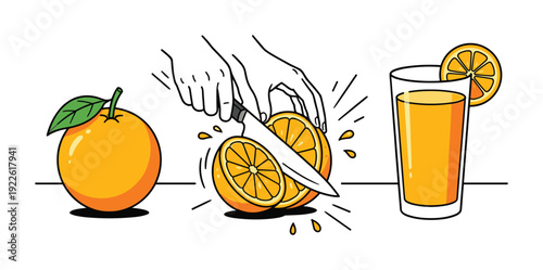 Orange juice preparation, an orange being cut with a knife into glass, fresh citrus.