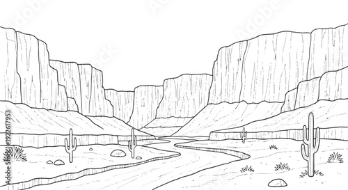 Grand Canyon Landscape with Cacti Line Art