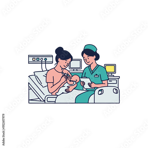 A healthcare worker assists a new mother holding her baby in a hospital room setting