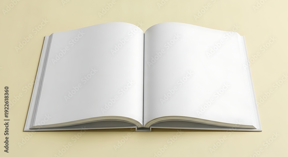 Fototapeta premium Open Blank Book with White Pages on a Light Yellow Background.