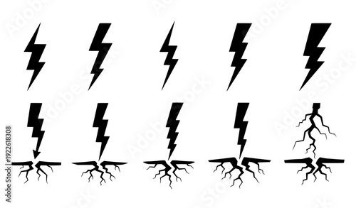 Black Lightning Bolts and Earth Crack Vector Set with Thunderstorm Natural Elements Line Art Collection