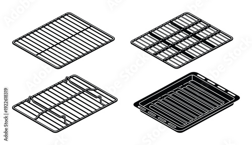 Oven racks and tray vector illustration, baking equipment, black outline, isometric view
