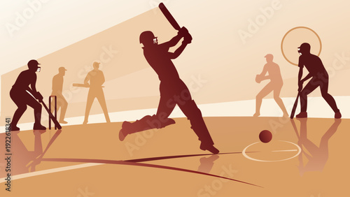 Cricket players in action on field with batsman swinging