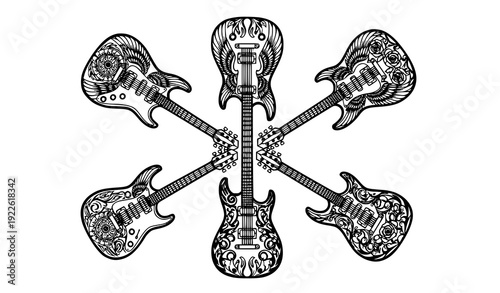 Tattoo Style Electric Guitar Vector Clipart Collection with Ornamental Line Art Designs