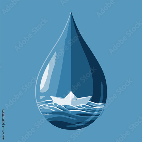 Paper boat atop ocean waves within a water drop symbolizing life path and challenges