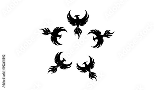 Minimal Modern Phoenix Bird Silhouette Logo Set with Elegant Fire Wing Designs Vector Illustration