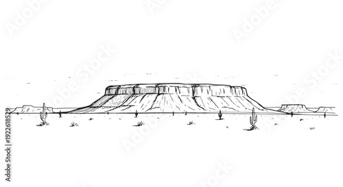 Solitary Desert Mesa Landscape Line Art