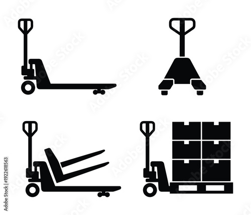 Pallet jack illustrations set, warehouse equipment collection, material handling