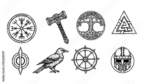 Hand Drawn Viking Norse Pagan Symbol Collection with Celtic Tree and Thor Hammer Line Art Vector
