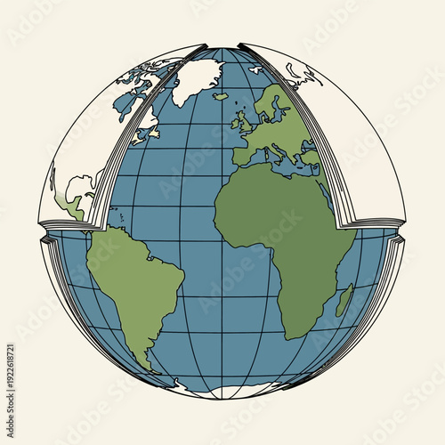 Stylized globe showing continents with latitude and longitude lines, representing global connection