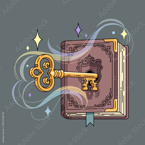 Ornate book with golden key and magical swirling effects, representing secrets