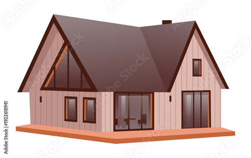 Modern Wooden Cottage House Exterior. Vector illustration of a house with large triangular window, glass doors, and sloped roof in minimalist style.