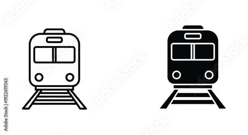Minimalist train and subway icons in outline and solid glyph styles for public transportation, railway logistics, and travel app interface design