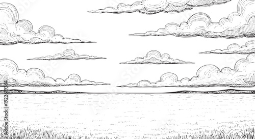 Grassy Field Landscape with Large Clouds Sketch