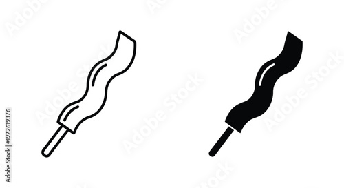 Minimalist vector icons of a spiral tornado potato snack on a wooden stick, featuring both outline and solid silhouette styles for street food menu design and culinary branding.