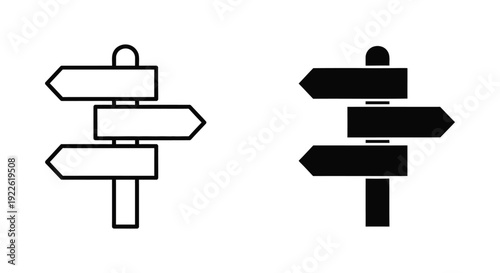 Set of minimalist directional signpost icons featuring outline and solid black styles, perfect for representing navigation, choice, and strategic decision-making in business or travel designs.