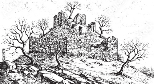 Ancient Stone Ruins on Hilltop Sketch