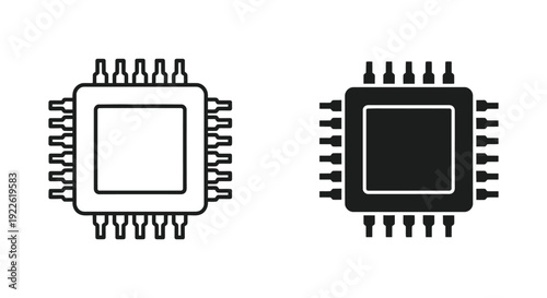 Minimalist CPU microprocessor icons in line and solid black styles representing artificial intelligence, computing power, and digital hardware technology for modern tech design.