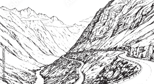 Winding Mountain Road Valley Ink Sketch