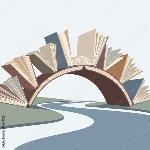 Arch bridge made of open books crosses over a wavy river road