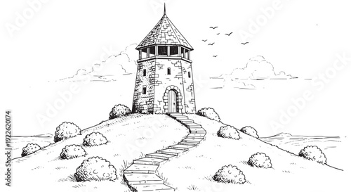 Medieval Watchtower on Hill Illustration