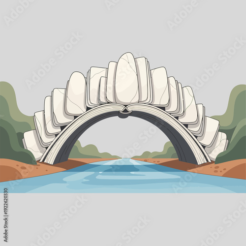 Bridge shaped like open book spanning river in stylized landscape at dawn