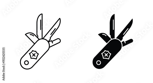 Versatile multi-tool pocket knife icons in outline and solid styles for outdoor adventure, camping gear, and survivalist equipment design.