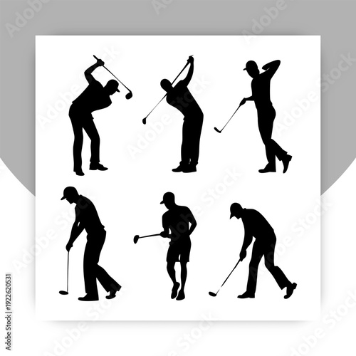 Professional golf player silhouettes set featuring various swing motions and standing poses with clubs isolated on white background