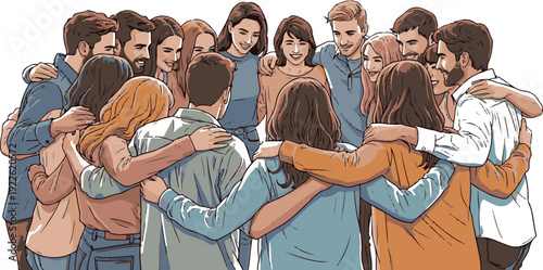 Diverse group of young adults embracing each other in a tight circle, conveying unity, friendship, and support in a vibrant, illustrated scene.