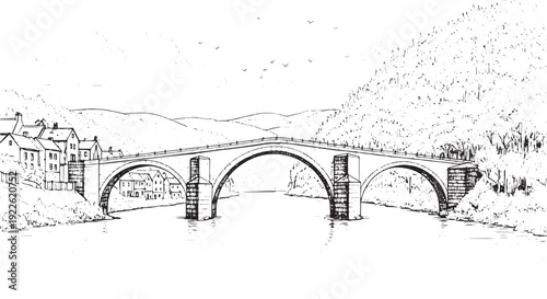Old stone arch bridge over river drawing