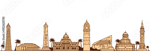 Illustration of a Middle Eastern city skyline with mosques and palm trees in a warm golden color on a white background, evoking a sense of exotic travel and cultural heritage.