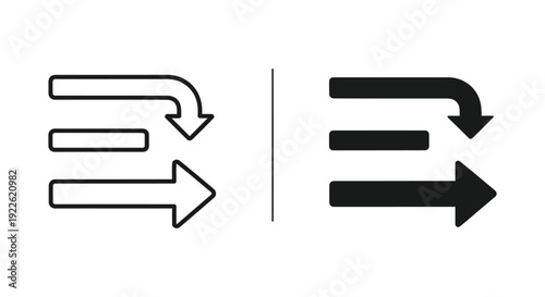 Minimalist UI icon set with outline and solid versions featuring curved return arrows, horizontal bars, and straight directional pointers for navigation and workflow design