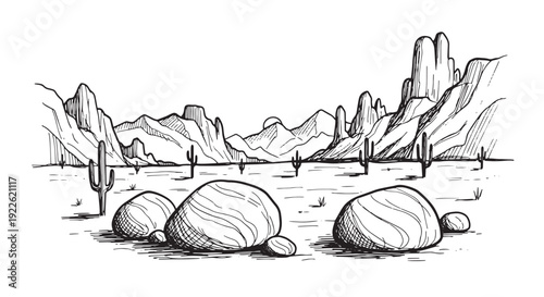 Arid desert plains with saguaro cactus drawing