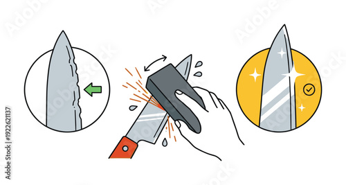 Sharpening a knife illustration, hand using a knife sharpener for blade maintenance.