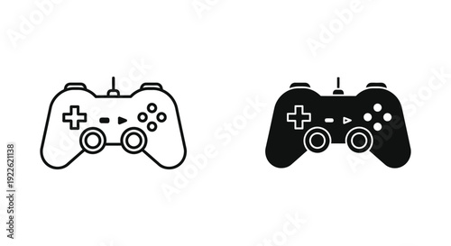 Set of two minimalist video game controller icons featuring outline and solid black silhouette styles for gaming interface design, esports branding, and digital entertainment apps.