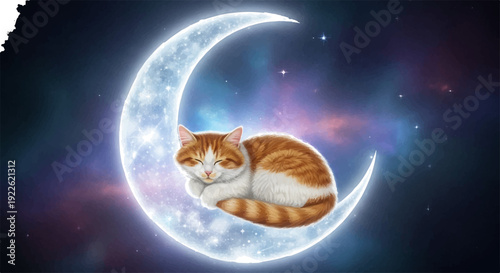 Sleeping orange cat curled up on a glowing crescent moon in a starry night sky with a cosmic background