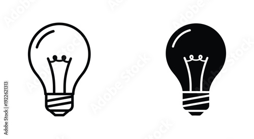 Minimalist light bulb icons in outline and solid silhouette styles, symbolizing creative ideas, innovation, and electrical energy for business and educational design projects.