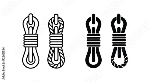 Minimalist rope coil icon set featuring outline and solid silhouette styles for rock climbing, nautical sailing, and outdoor adventure equipment branding