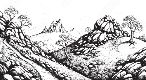 Rocky Hillside Trail with Trees Illustration