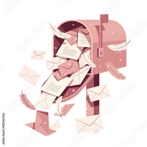 Mailbox overflowing with letters and feathers scattered around