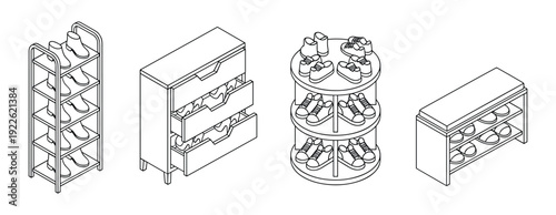 Shoe storage isometric outline vector illustration. Shoe cabinet and organizer