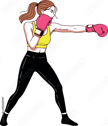 A determined woman wearing pink boxing gloves and a yellow tank top practices her boxing technique with a strong stance and focused expression in a studio setting.