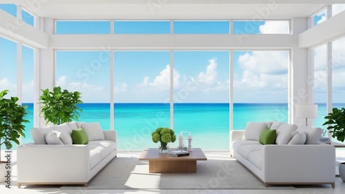 Modern living room interior with large window, stylish furniture and bright natural light in a luxury home apartment 4k video