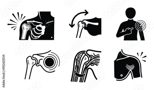 Shoulder pain icons set, arm joint problems and anatomy