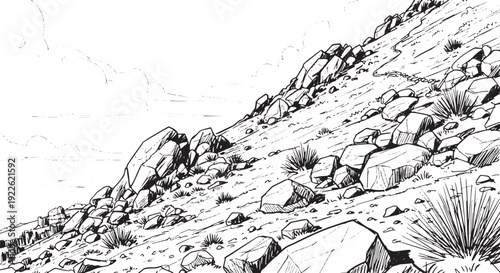 Rocky Mountain Slope with Desert Plants Sketch