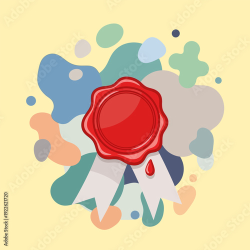 Red wax seal with ribbon and abstract colorful shapes on yellow background