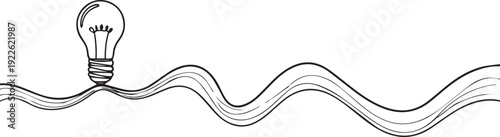 A black and white illustration of a lightbulb with a wavy line emerging from it, symbolizing creativity and innovation, on a plain white background.