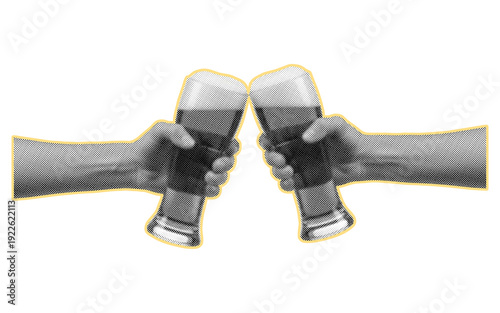 Holding cold beer halftone collage. Trendy retro halftone collage element on transparent background.